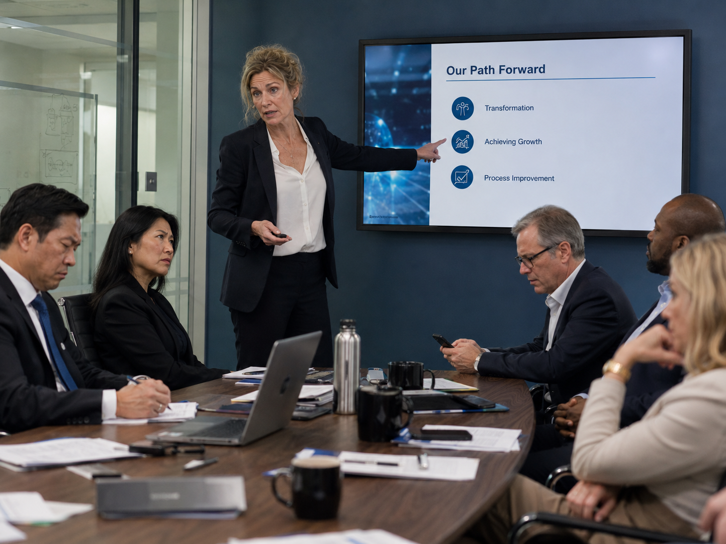 Management consultant presenting generic strategy framework to disengaged boardroom executives