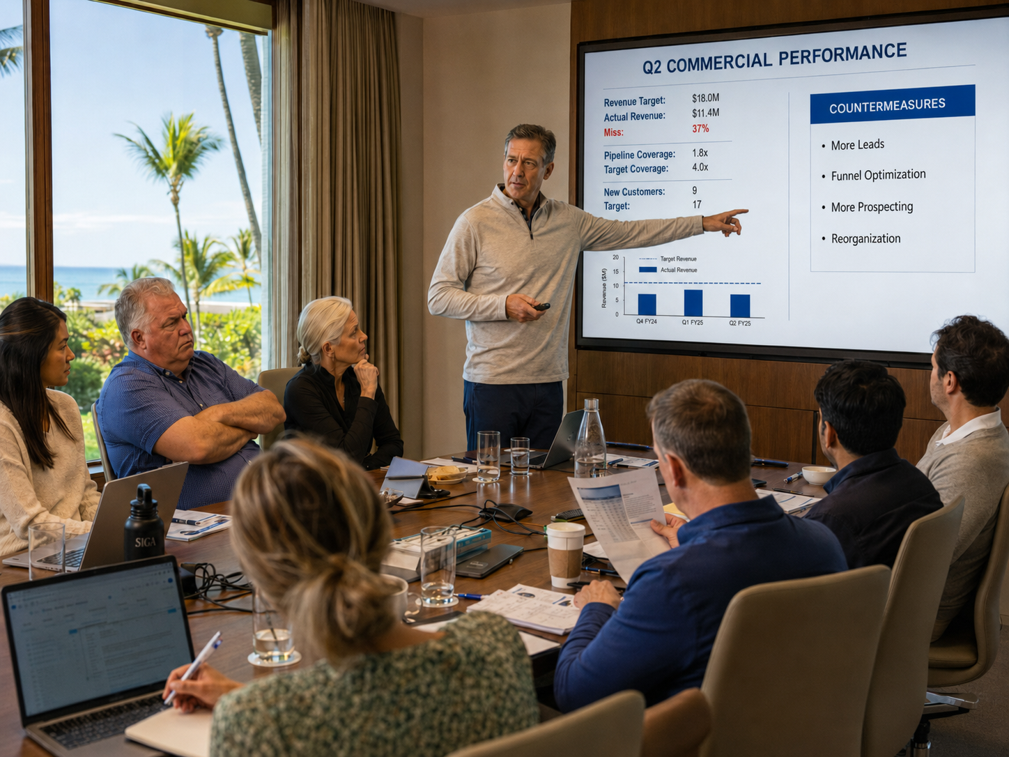 A commercial leader presenting a Q2 performance slide to a skeptical boardroom: revenue of $11.4M against an $18M target, a 37 percent miss, with countermeasures listing more leads, funnel optimization, more prospecting and reorganization