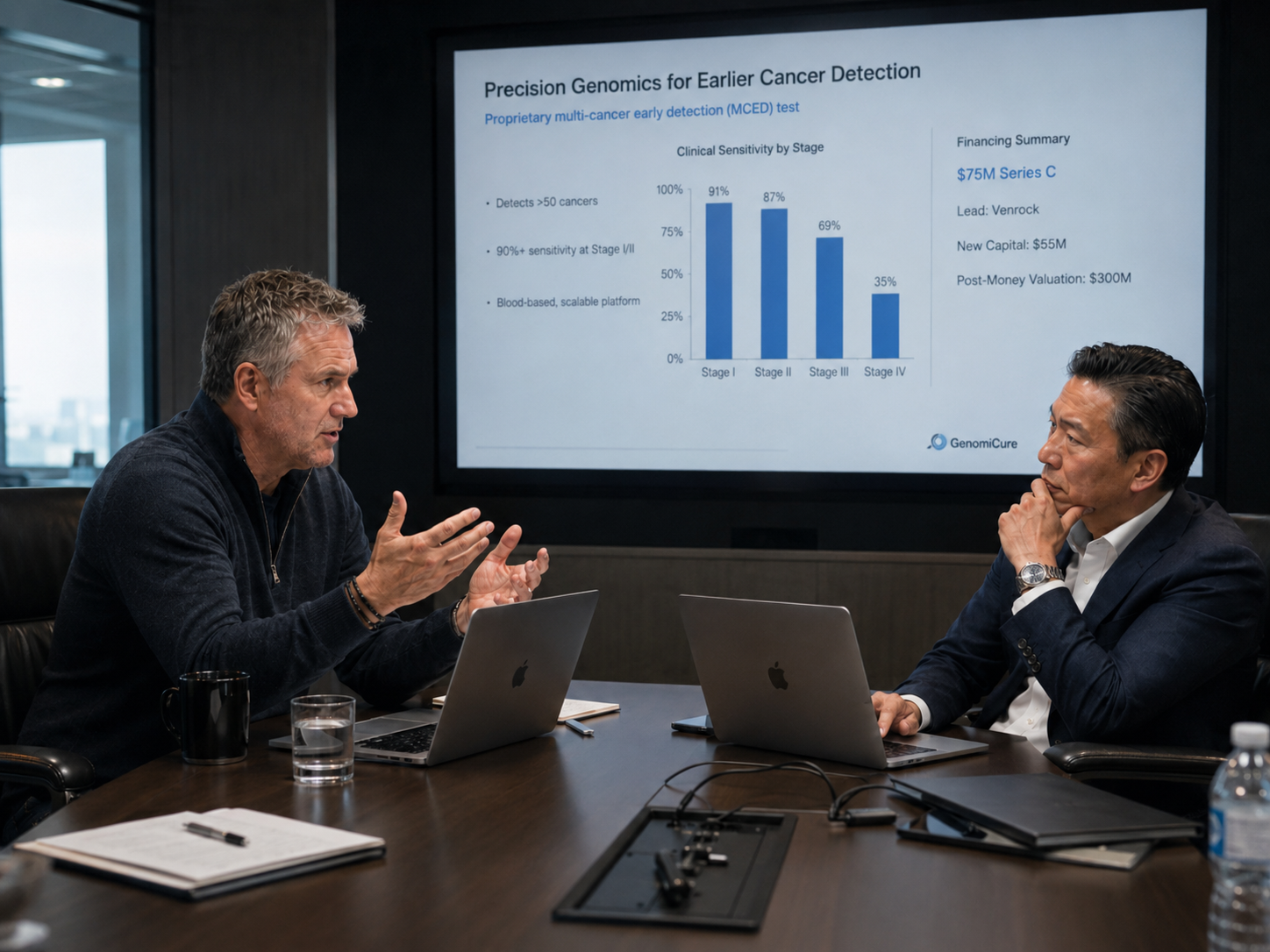 Life science executive pitching investor with revenue projections and commercial traction data