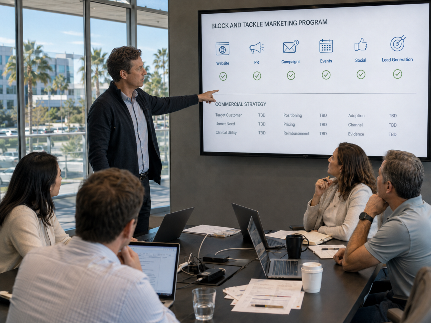 A leader presenting a slide where every marketing tactic is checked off while the commercial strategy section reads TBD