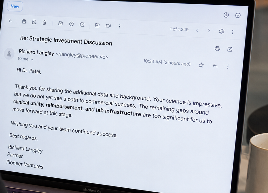 Investor email declining to invest: the science is impressive, but gaps in clinical utility, reimbursement, and lab infrastructure are too significant to move forward