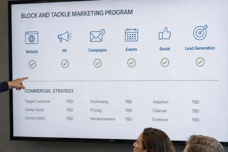 A slide showing six marketing tactics, website, PR, campaigns, events, social, and lead generation, each marked with a green check, above a commercial strategy grid where every entry reads TBD
