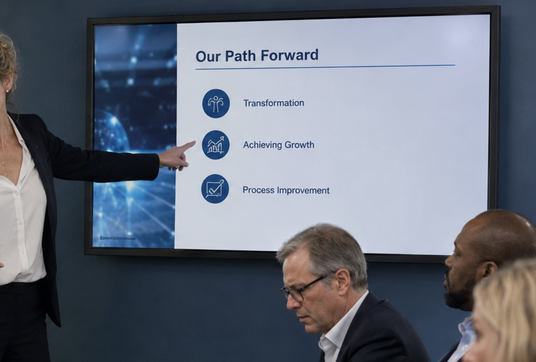 Consultant presenting slide filled with corporate buzzwords: Transformation, Achieving Growth, Process Improvement, Operational Excellence, Strategic Alignment, Change Management, Scalable Execution