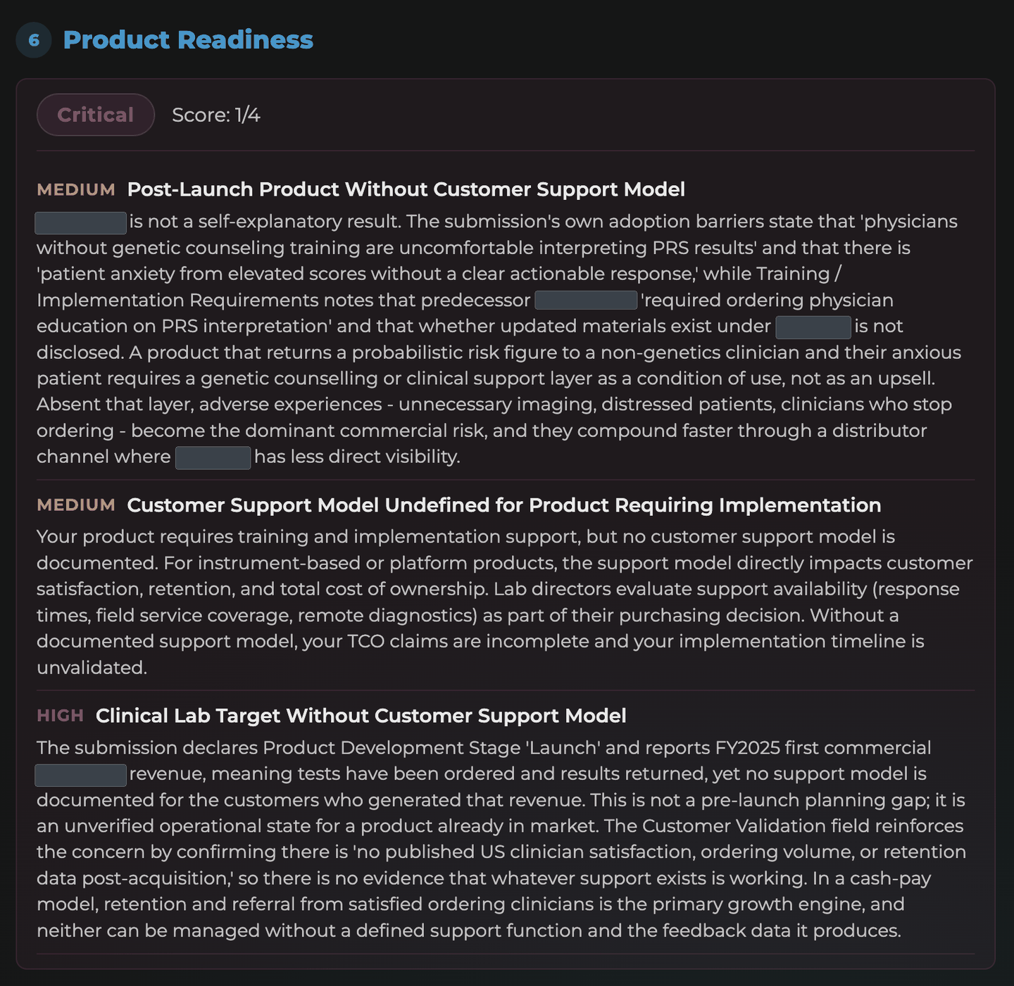 PRIYA product readiness section scored Critical with three findings on an undefined customer support model for a product already in market, with client identifying names redacted